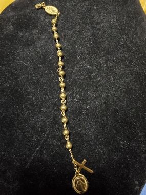 Gold-Tone Rosary Bead Bracelet with Cross and Medal